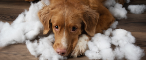 A dog laying on pillow stuffing