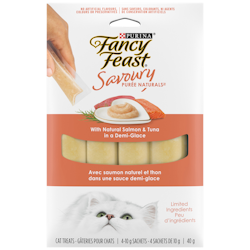 Purina🅫 Fancy Feast🅫 Savoury Purée Naturals🅪 avec Saumon Naturel et Thon dans une Sauce Demi-Glace Gâteries pour Chats 4 x 10 g