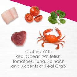 Crafted with real ocean whitefish, tomatoes, tuna, spinach and accents of real crab