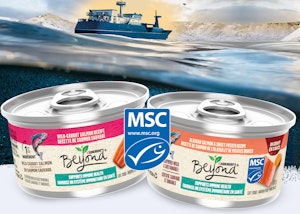 msc certified wet cat food products in front a boat in a sea