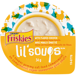 Friskies® Lil’ Soups™ With Flaked Chicken in a Velvety Tuna Broth