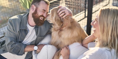 Two dog owners smile and cuddle with a dog on a couch