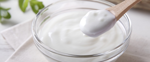 Yogurt in a bowl with a wooden spoon