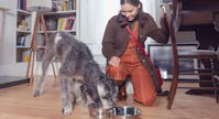 A woman and a dog looking at food in bowls