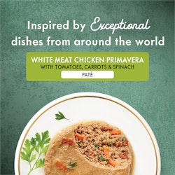 Inspired by exceptional dishes from around the world - white meat chicken primavera with tomatoes, carrots and spinach