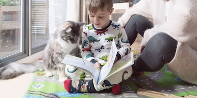 boy reading to his cat