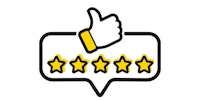 five stars within speech bubble and a thumbs up