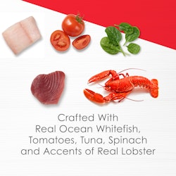 Crafted with real ocean whitefish, tomatoes, tuna, spinach and accents of real lobster